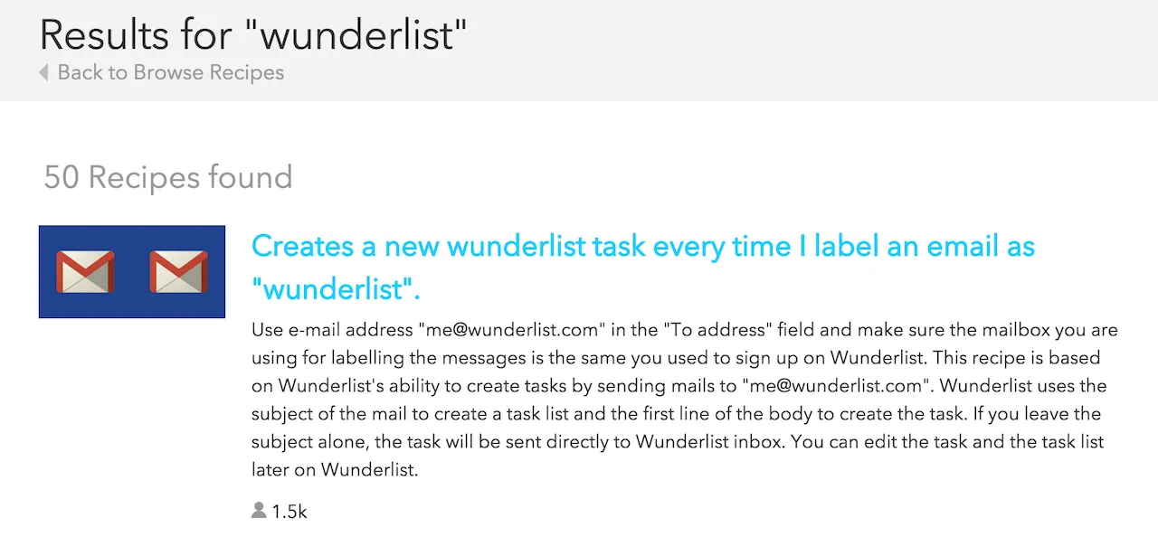 IFTTTでWunderlistのレシピを検索した結果