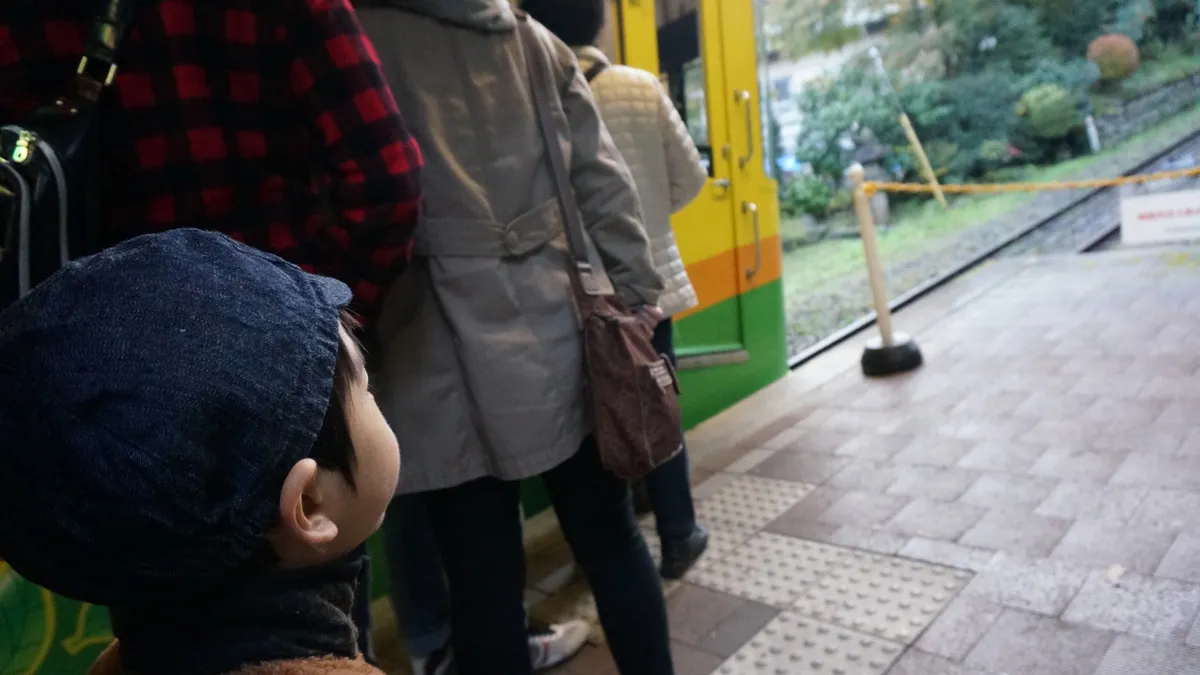 高尾山ケーブルカー乗り場、斜度がすごい