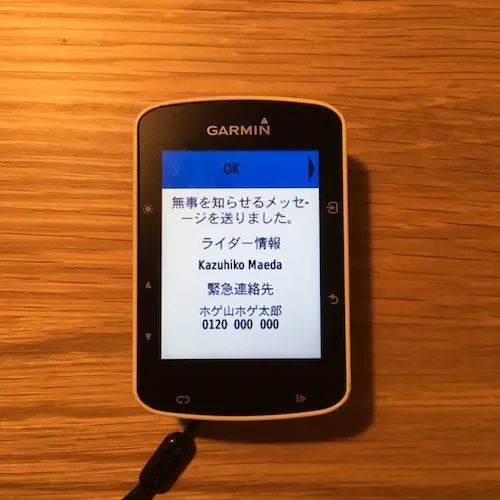 GARMINエッジのステータス画面の中の事故検出ページ