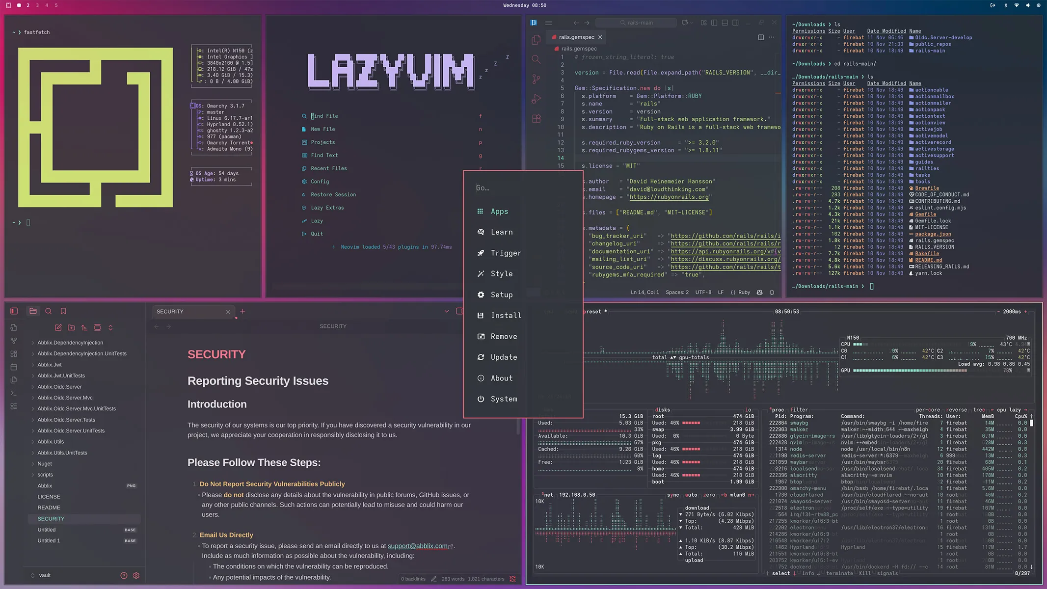 ワイドローラー惑テーマを適用したOmarchyの画面