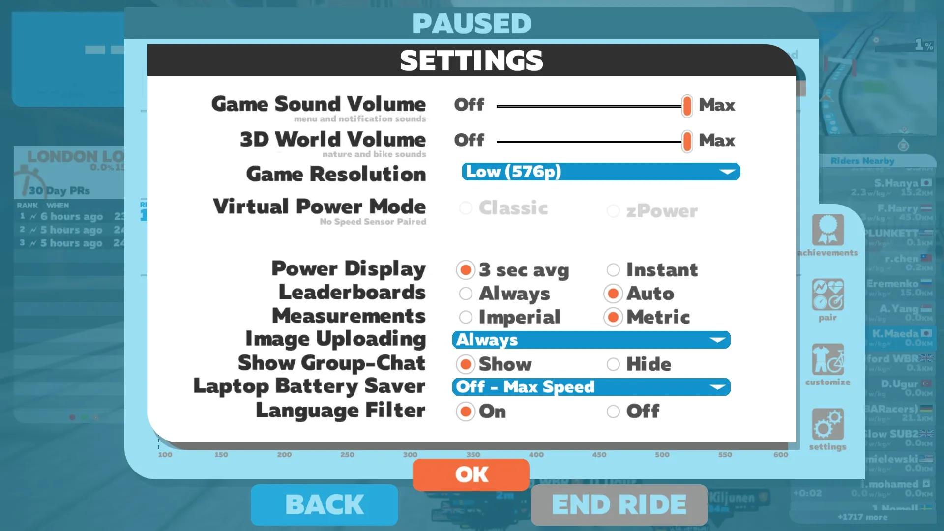 Zwiftの設定画面